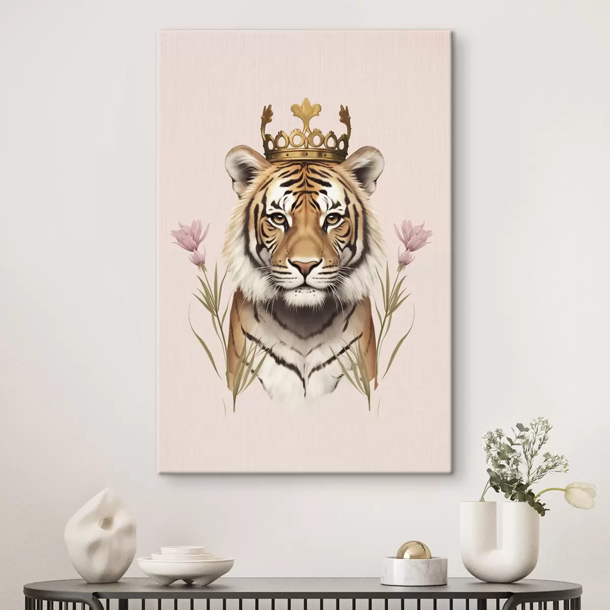  Peintures Tigre avec couronne, fond rose, fleurs de tulipe s42782