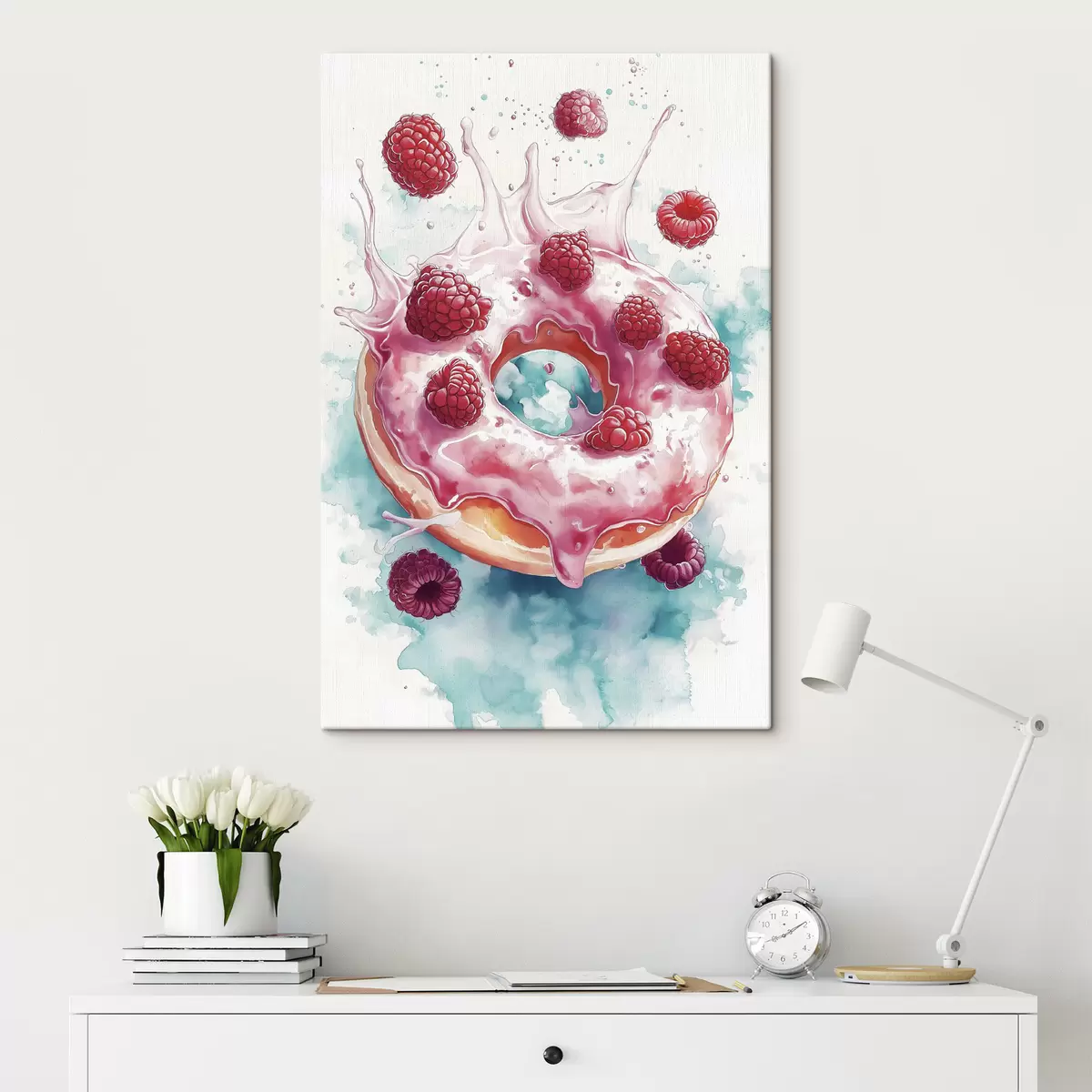  Peintures Donat en aquarelle avec des framboises, des couleurs roses et bleues s42787