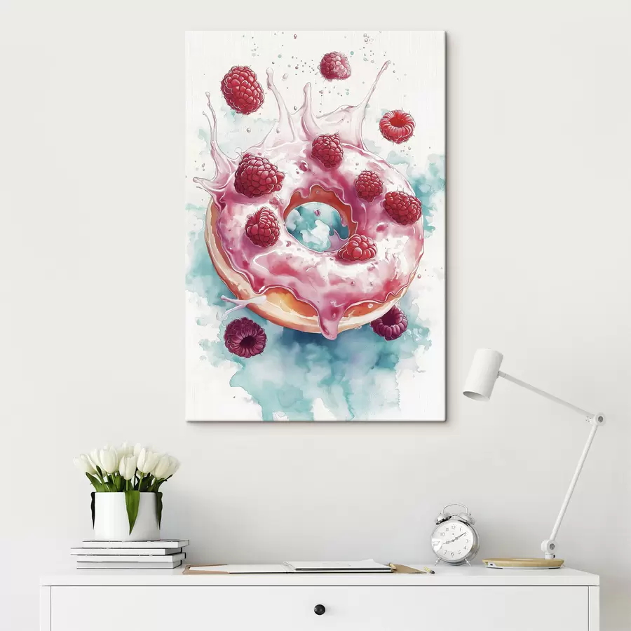  Peintures Donat en aquarelle avec des framboises, des couleurs roses et bleues s42787