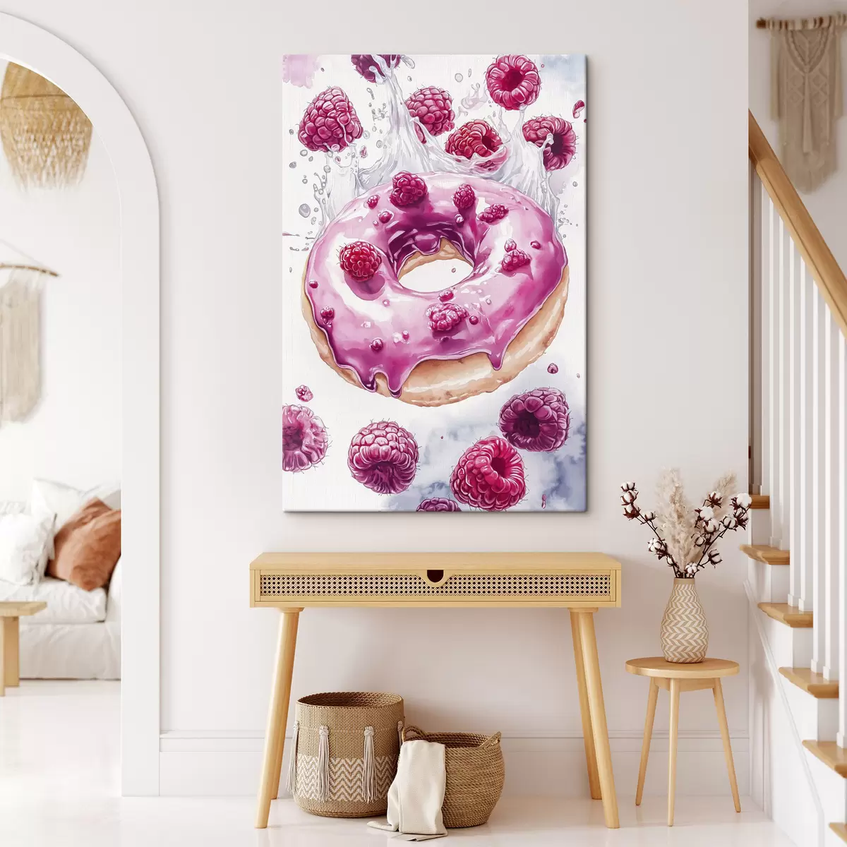  Schilderijen Donat met frambozen met roze glazuur, heerlijk toetje, aquarelstijl s42789