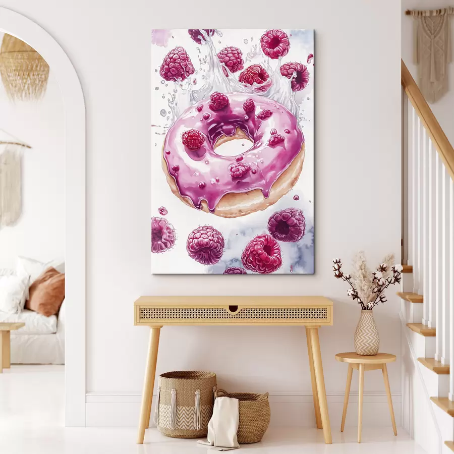  Peintures Donat avec des framboises avec un glaçage rose, dessert délicieux, style aquarelle s42789
