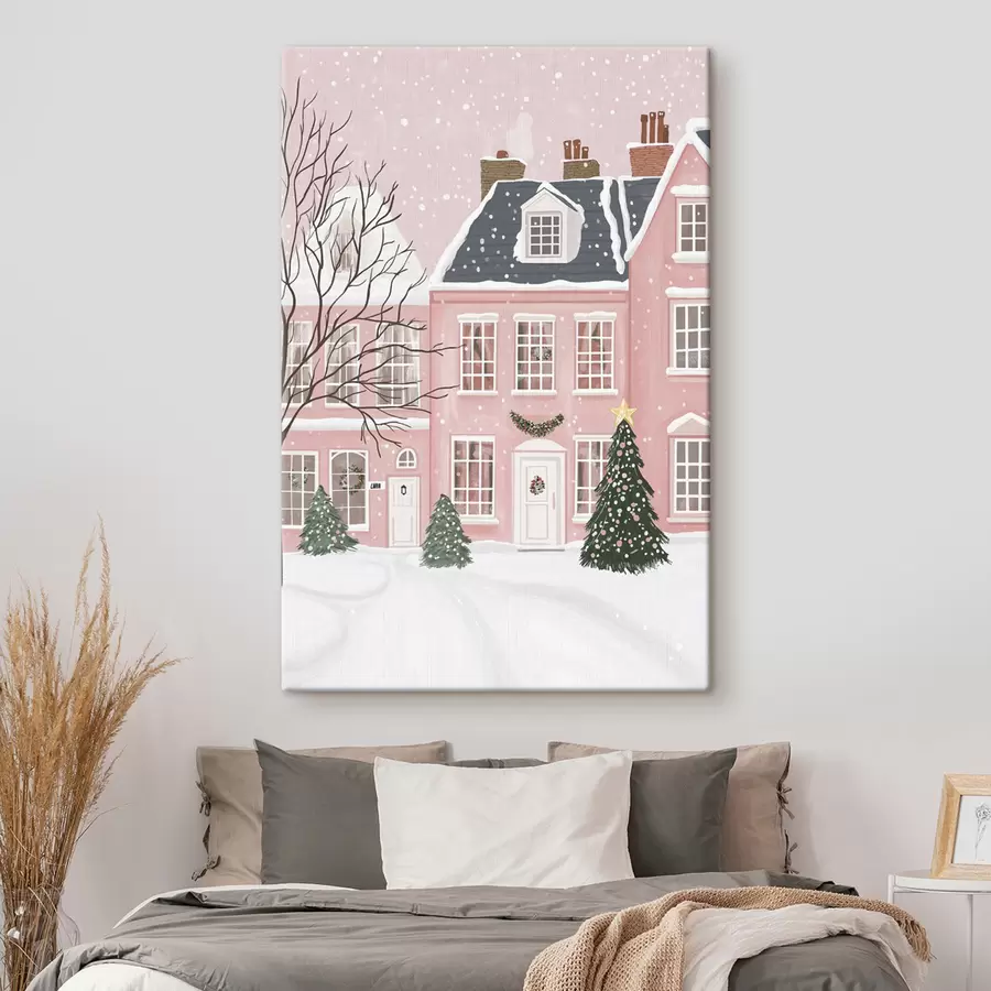  Peintures Mignonnes maisons roses, pins, paysages d'hiver s42791