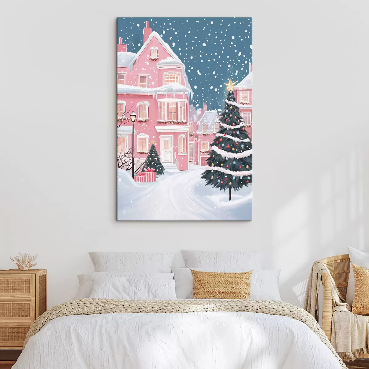  Schilderijen Winterstad met roze huizen, kerstbomen, sneeuwvlokken s42792