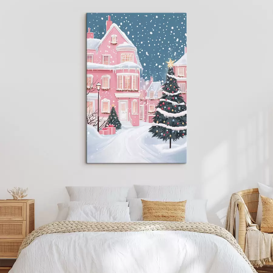  Peintures Ville d'hiver avec maisons roses, arbres de Noël, flocons de neige s42792