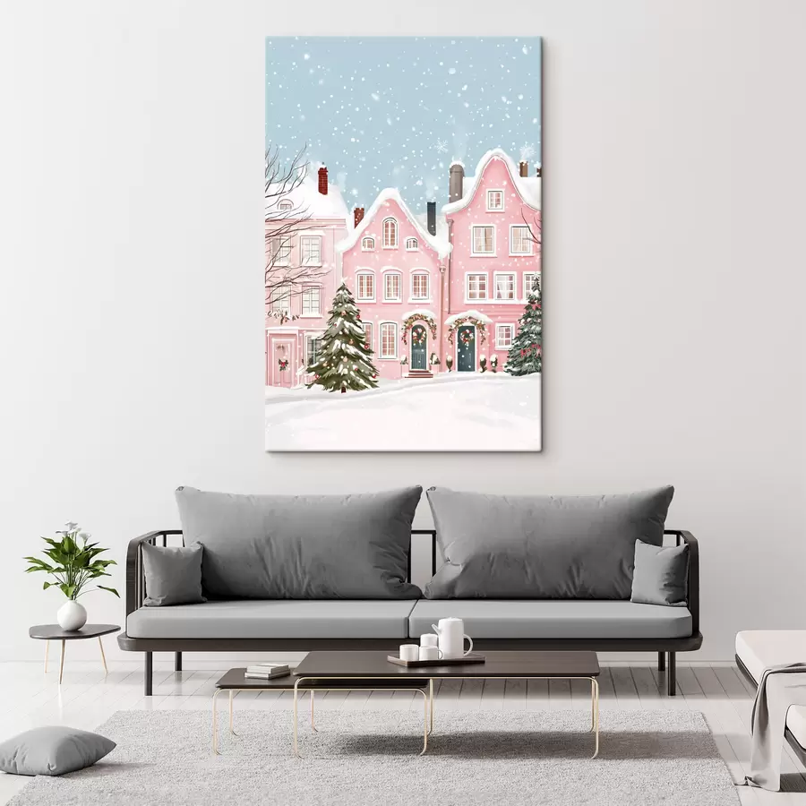  Peintures Belle ville avec de jolies maisons roses, esthétique hivernale, flocons de neige s42793