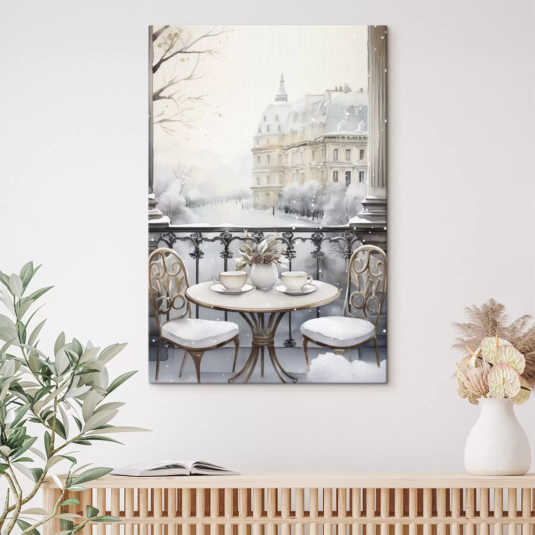 Fotobehang Mooi café, kopjes thee, bohemien stijl, aquarel, winterse esthetiek s42796