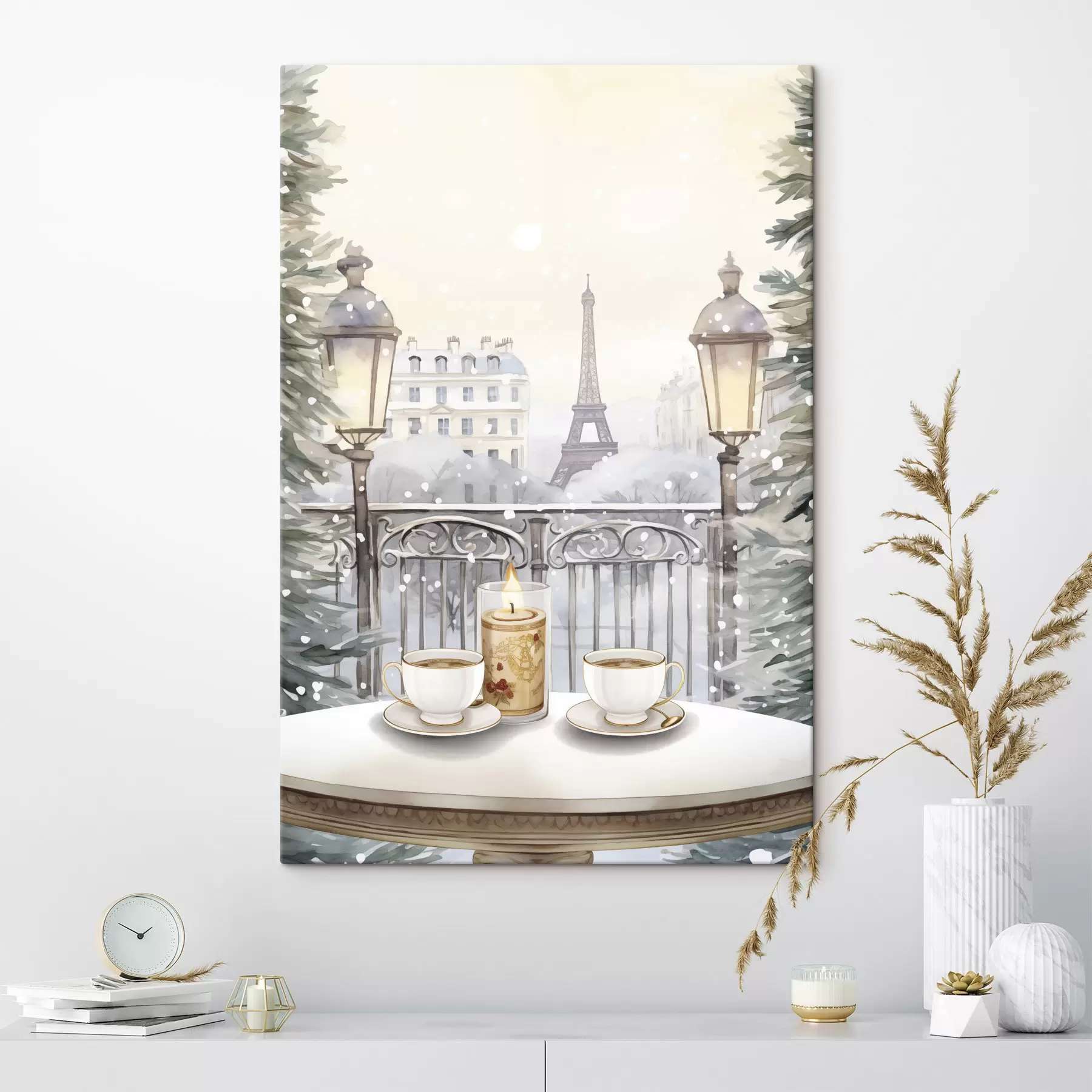  Schilderijen Mooi café in Parijs, theekopjes, romantisch uitzicht, winter, aquarel stijl s42799