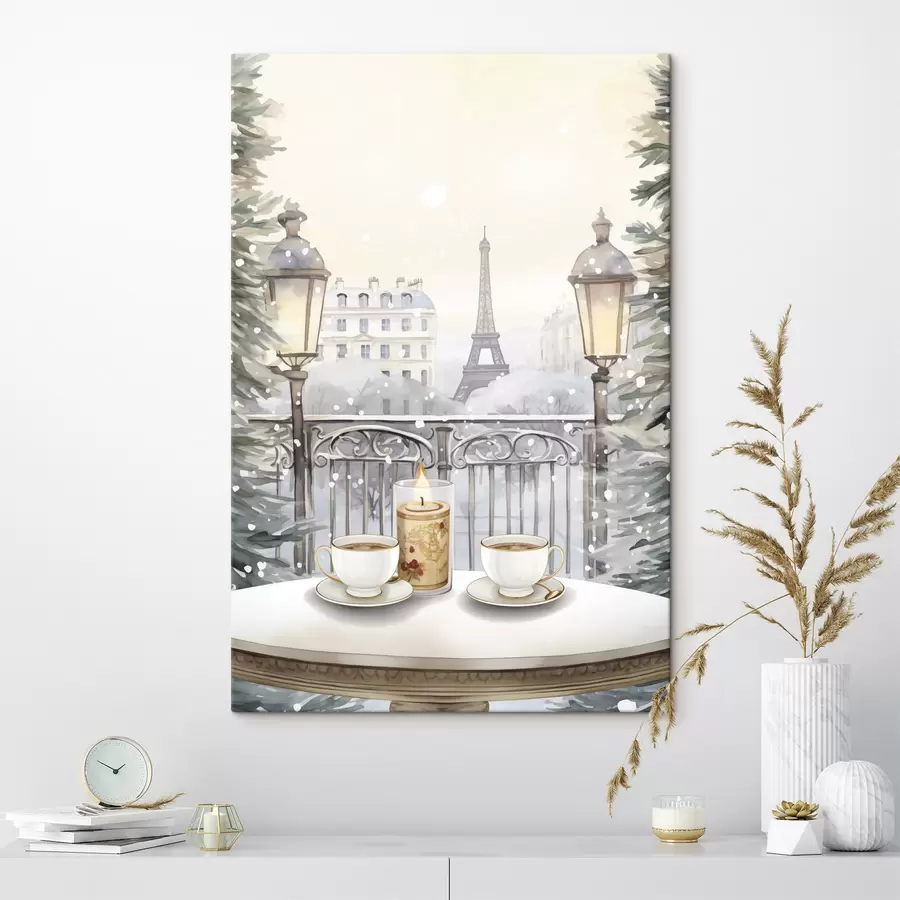  Peintures Beau café à Paris, tasses de thé, vue romantique, hiver, style aquarelle s42799