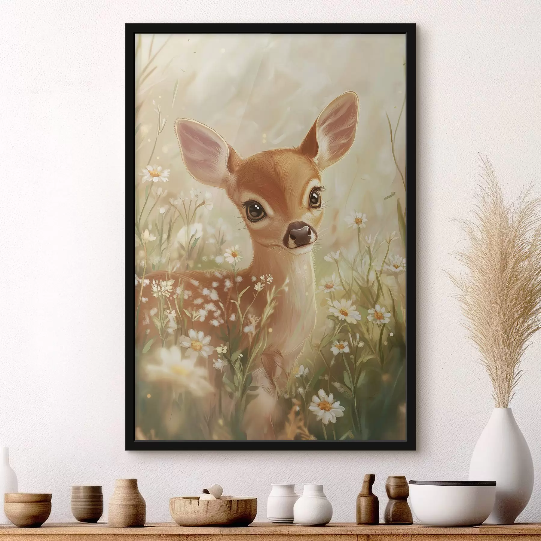 Fotobehang Schattig hertje in de wei met madeliefjesbloemen, olieverf tekening f42780