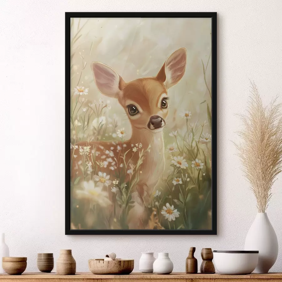 Papier peint photo Mignon cerf dans la prairie avec des fleurs de marguerite, dessin à l'huile f42780