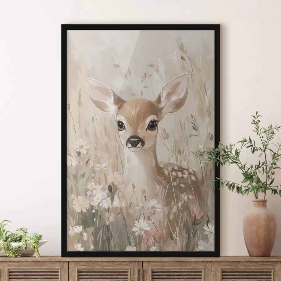 Fotobehang Klein hertje in de zomerweide, tekening in acrylstijl, pastelroze en beige kleuren f42781