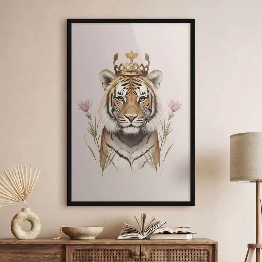 Papier peint photo Tigre avec couronne, fond rose, fleurs de tulipe f42782