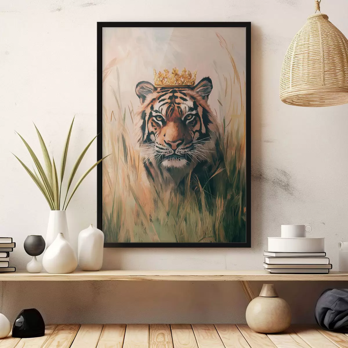 Affiche Tigre dans un pré herbeux, couronne, dessin acrylique f42783