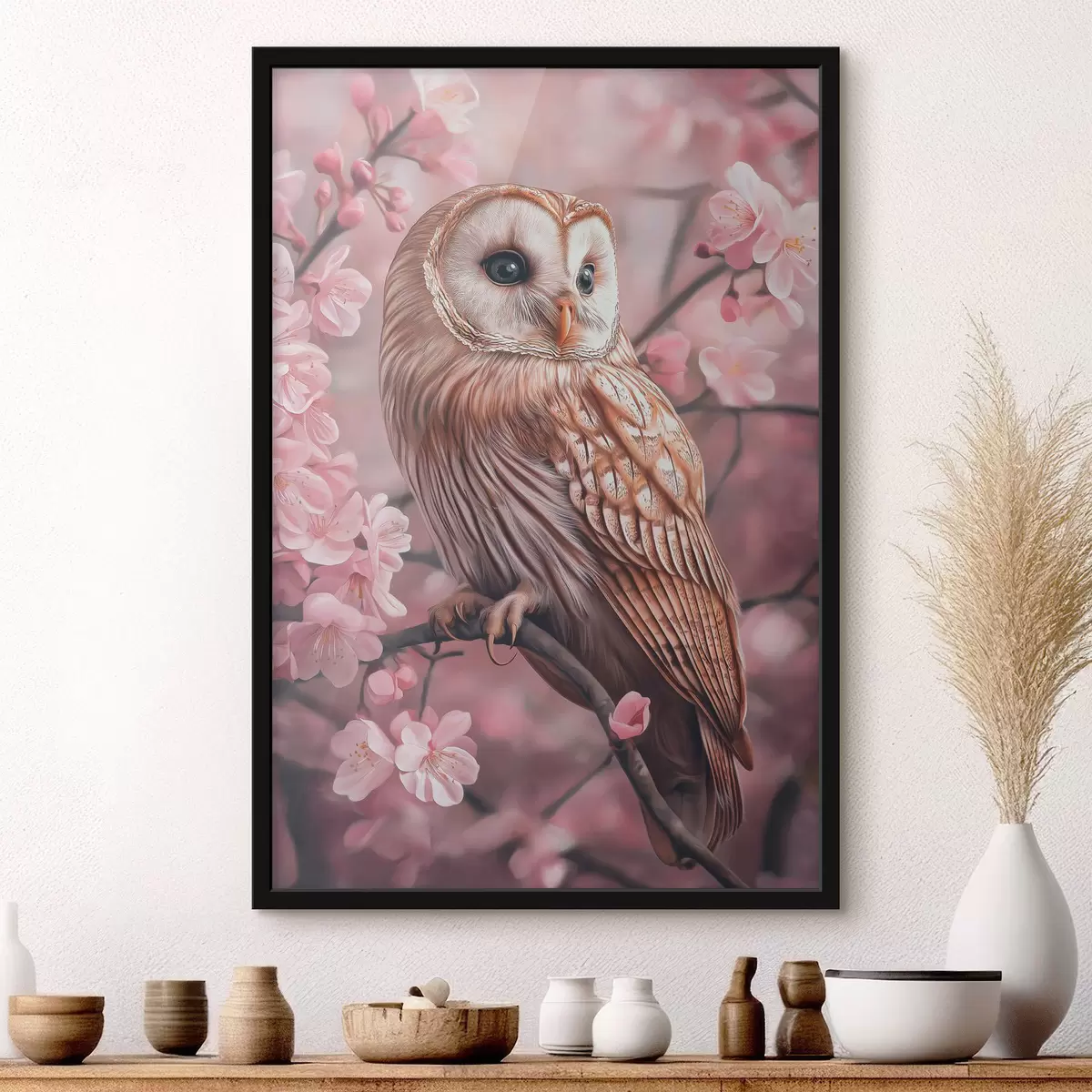 Poster Uil op de kersenboom, roze bloemen, realisme, natuur f42785