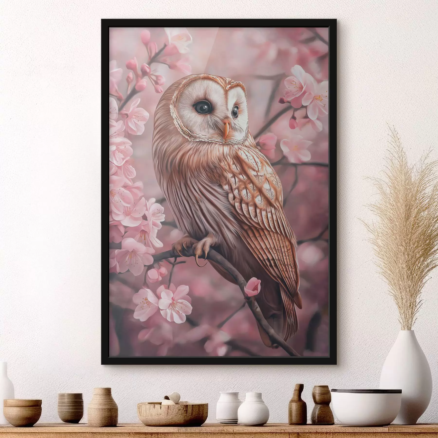 Fotobehang Uil op de kersenboom, roze bloemen, realisme, natuur f42785