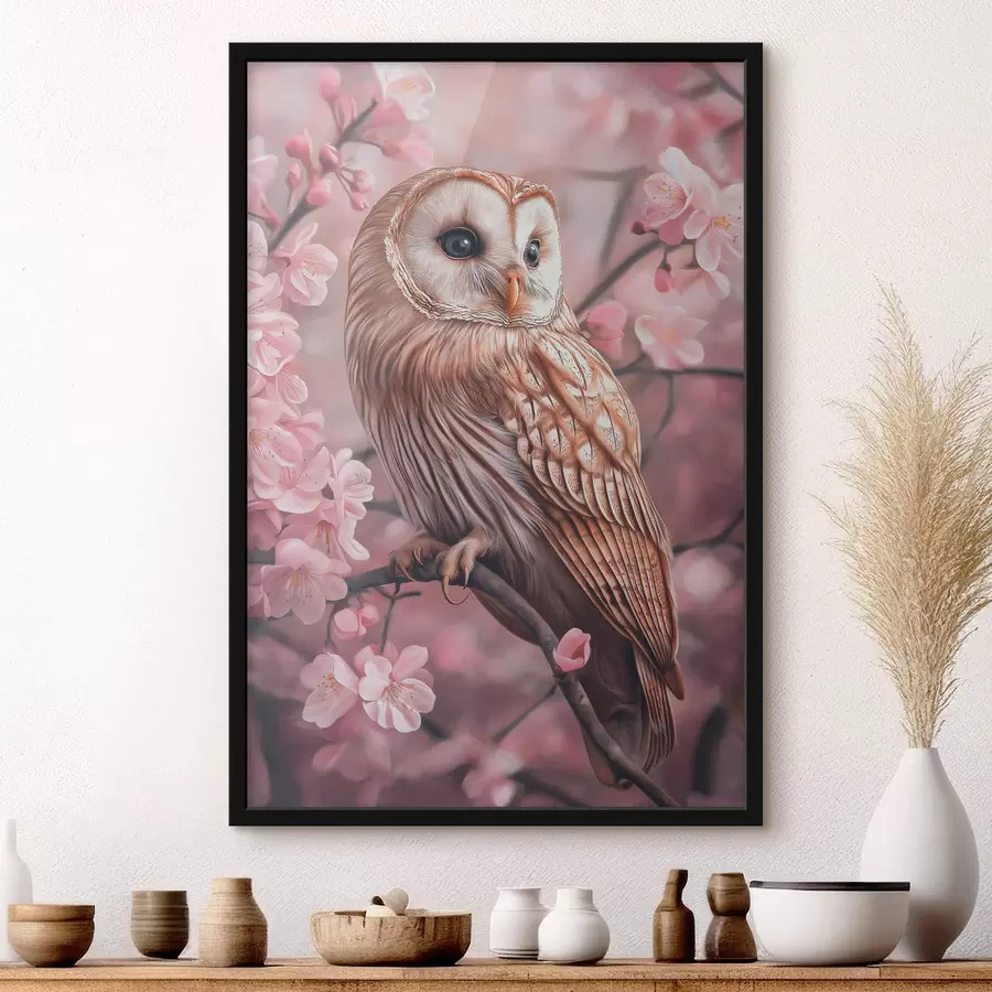 Fotobehang Uil op de kersenboom, roze bloemen, realisme, natuur f42785