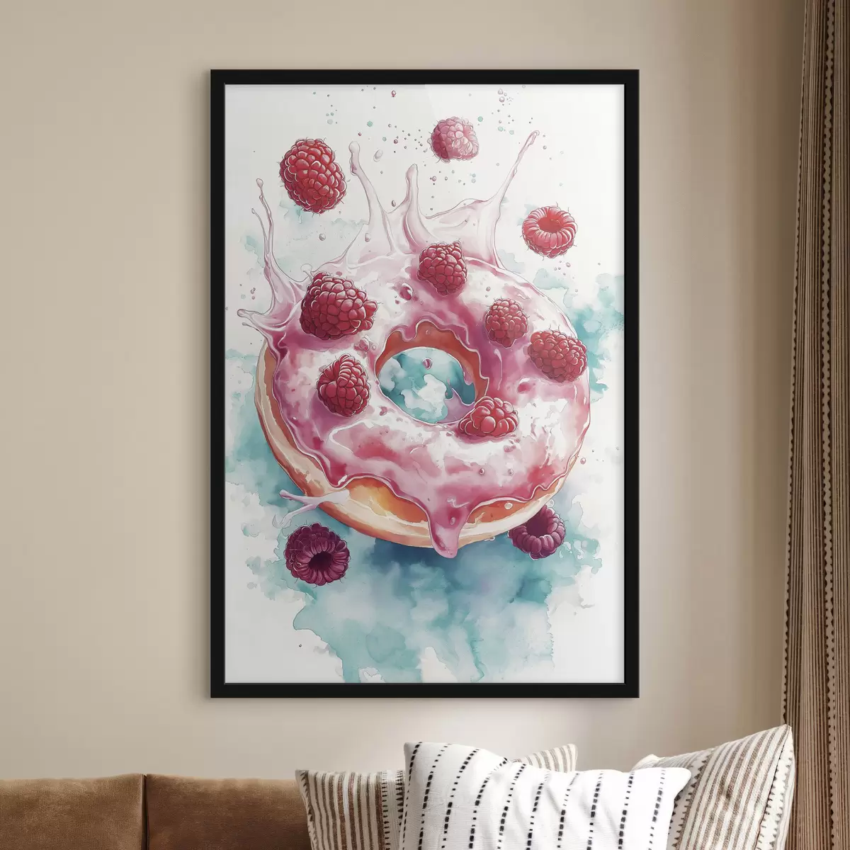 Affiche Donut aquarelle avec des framboises, des couleurs roses et bleues f42787