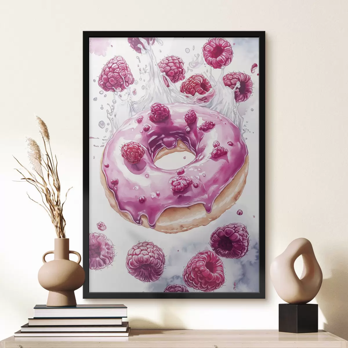 Poster Donut met frambozen met roze glazuur, heerlijk dessert, aquarelstijl f42789
