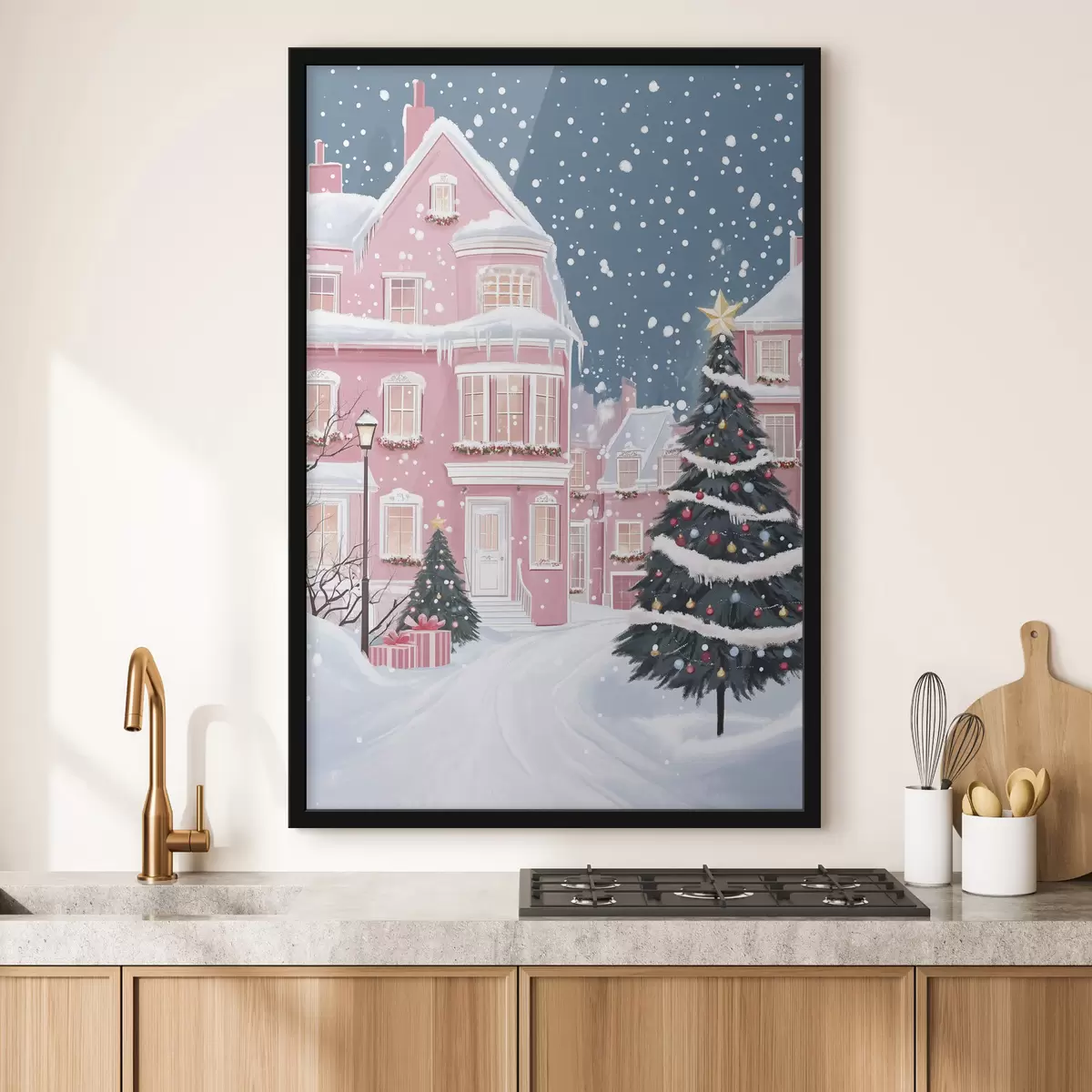 Poster Winterstad met roze huizen, kerstbomen, sneeuwvlokken f42792