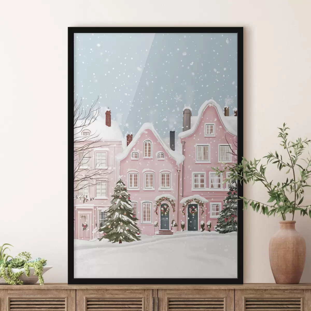 Poster Mooie stad met schattige roze huizen, winterse esthetiek, sneeuwvlokken f42793