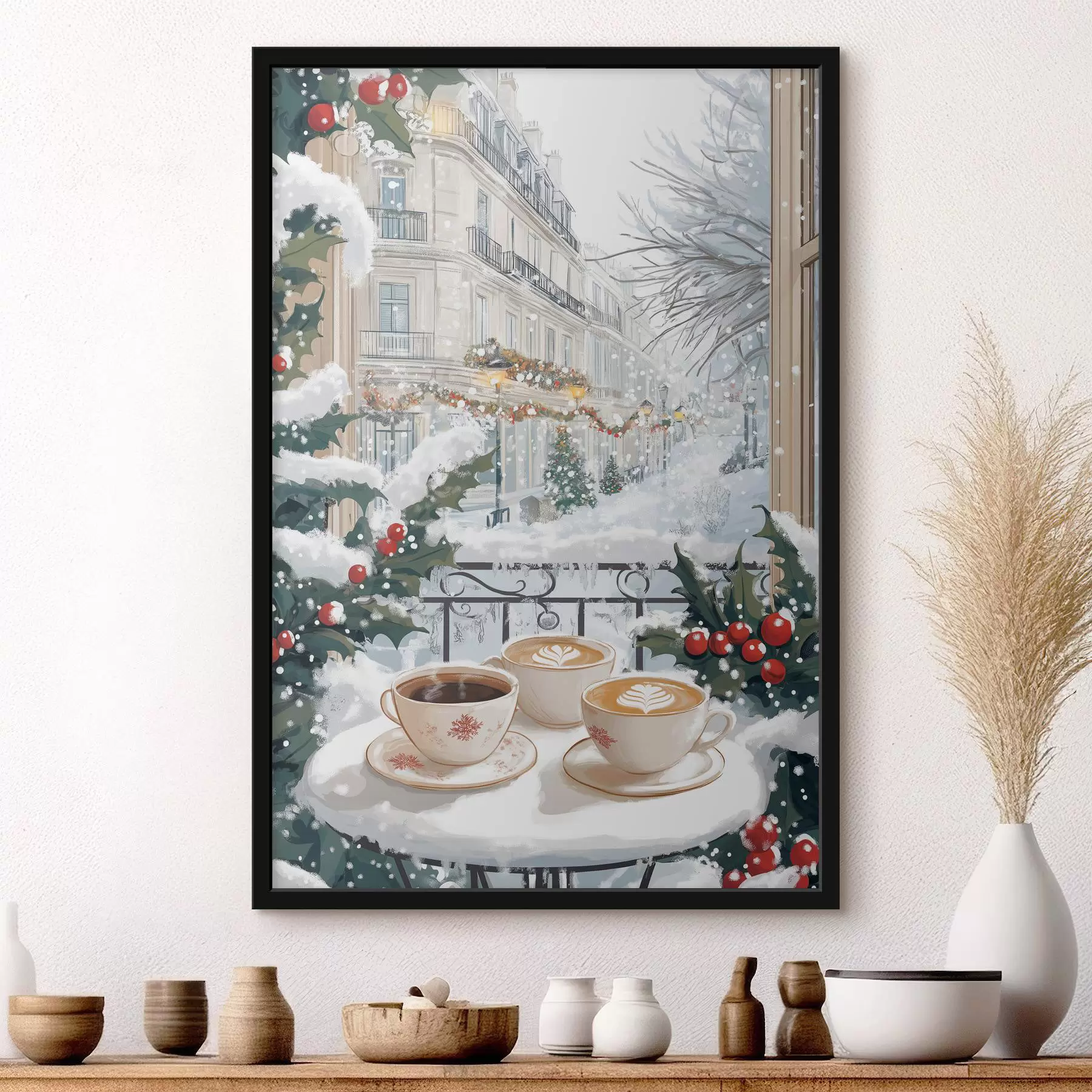 Fotobehang Winterse esthetiek, kopjes koffie, restaurant, stadsstraat f42794