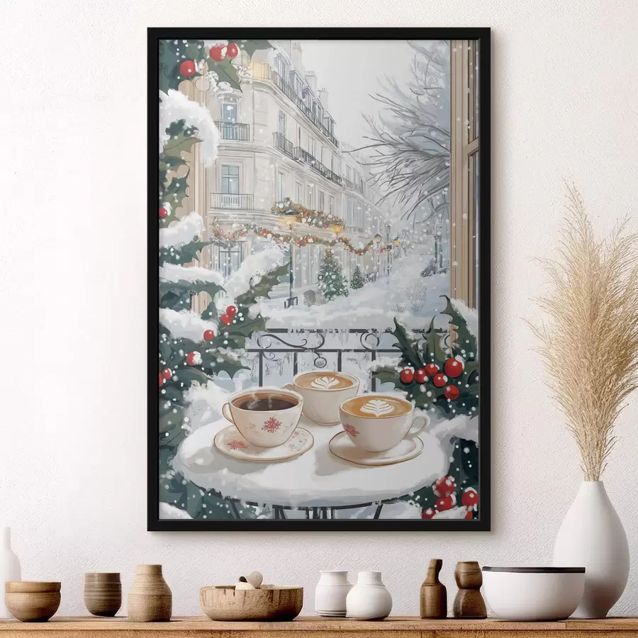Fotobehang Winterse esthetiek, kopjes koffie, restaurant, stadsstraat f42794