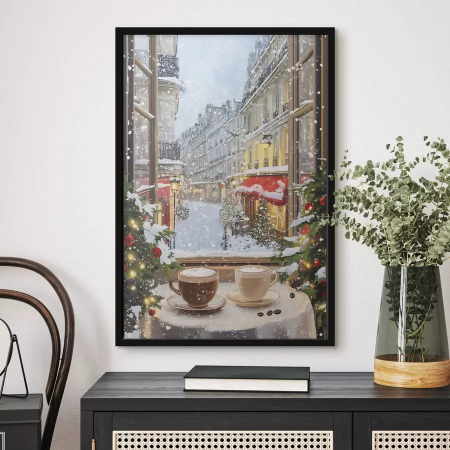 Fotobehang Gezellig wintercafé, kopjes koffie, acrylstijl, oude stadsarchitectuur f42795