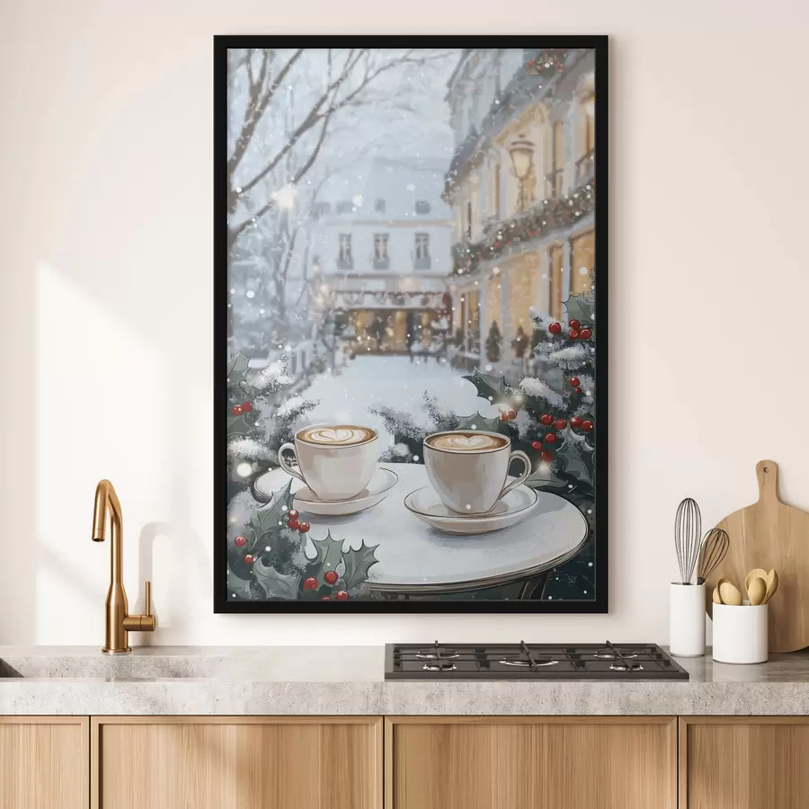 Fotobehang Kopjes koffie in het gezellige café, winterse esthetiek, boho-stijl f42797