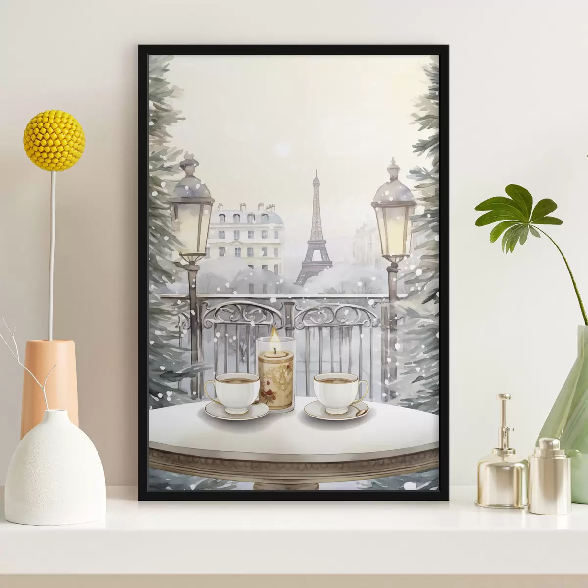 Affiche Beau café à Paris, tasses de thé, vue romantique, hiver, style aquarelle f42799