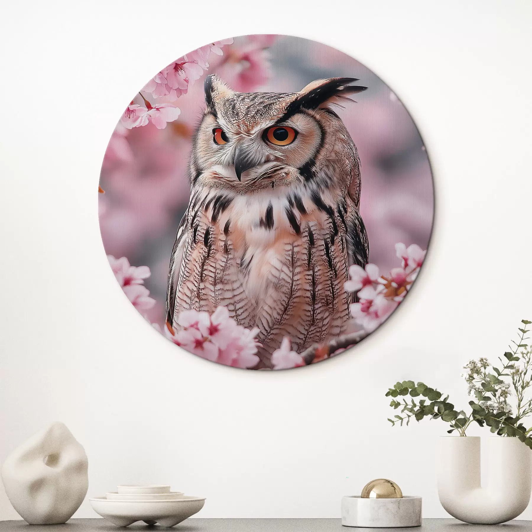 Fotobehang Mooie uil op de tak van een kersenboom, natuur, realisme r42784