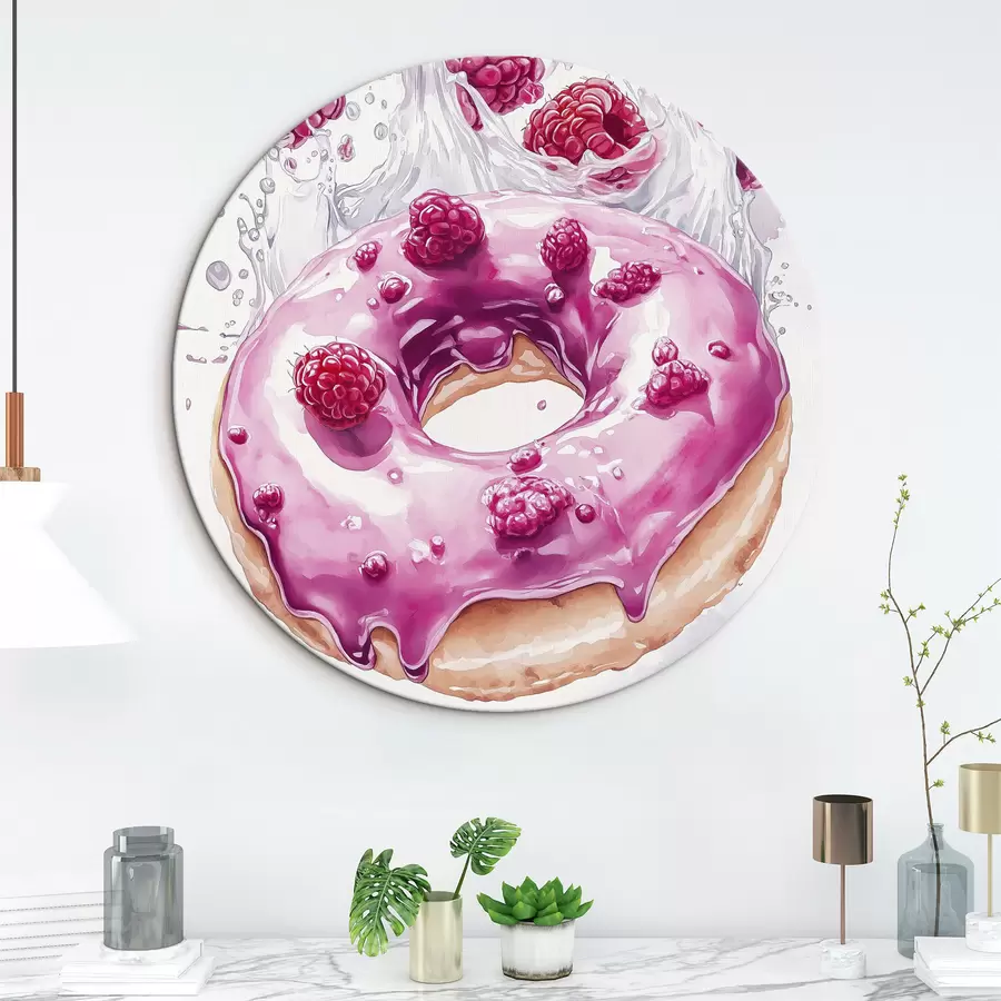  Schilderijen Donut met frambozen met roze glazuur, heerlijk dessert, aquarelstijl r42789