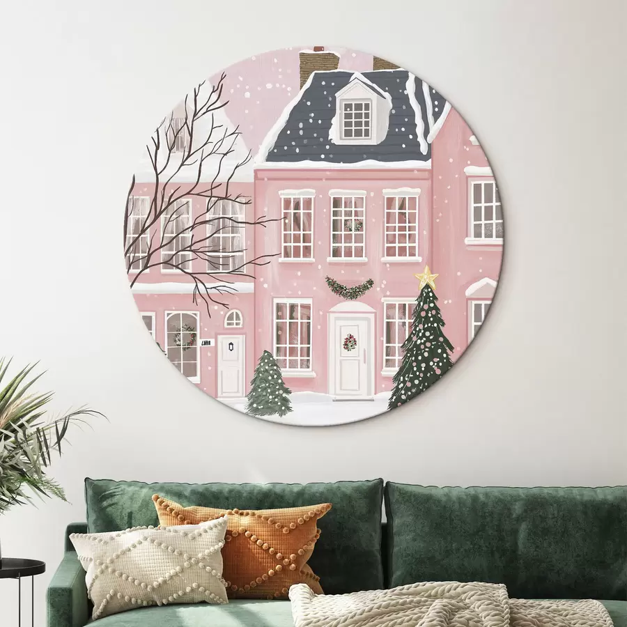  Schilderijen Schattige roze huisjes, dennenbomen, winterlandschappen r42791