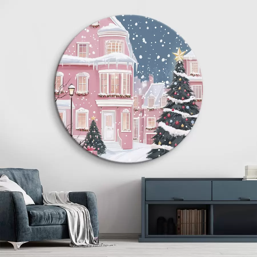  Schilderijen Winterstad met roze huizen, kerstbomen, sneeuwvlokken r42792