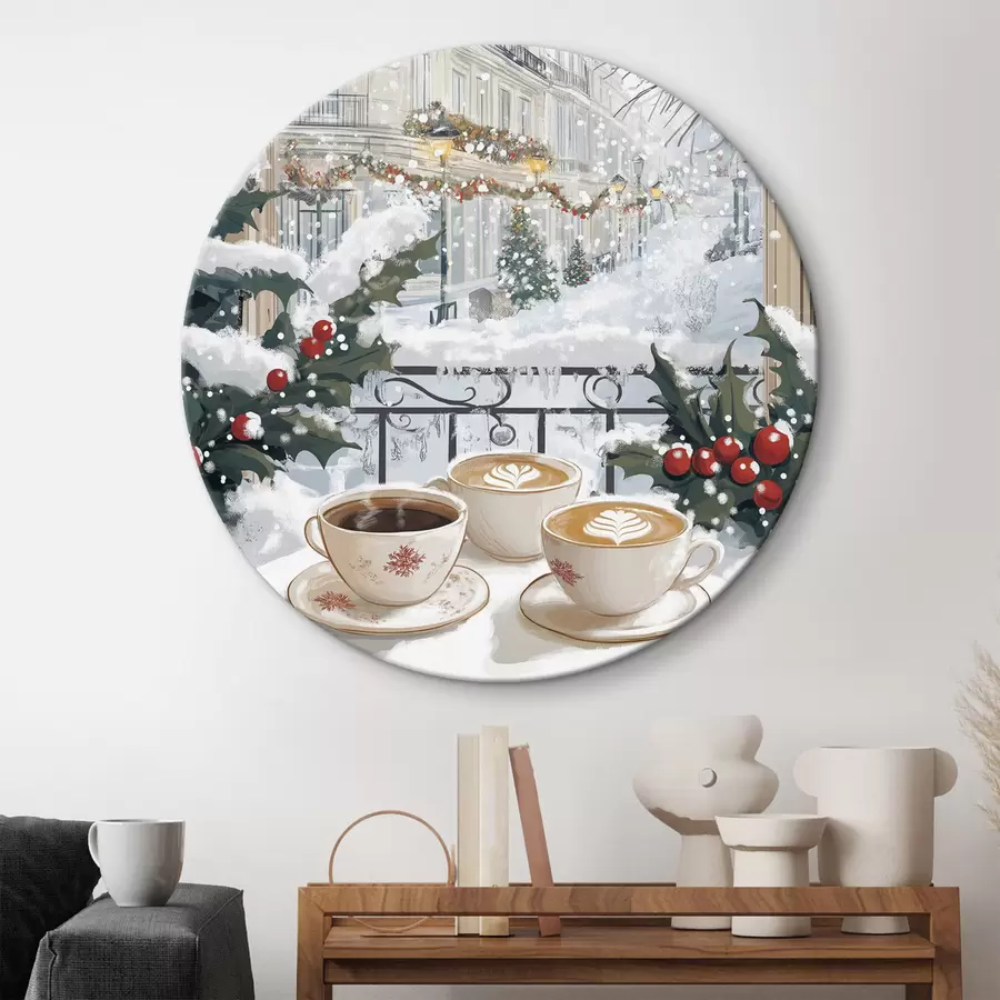  Schilderijen Winterse esthetiek, kopjes koffie, restaurant, stadsstraat r42794