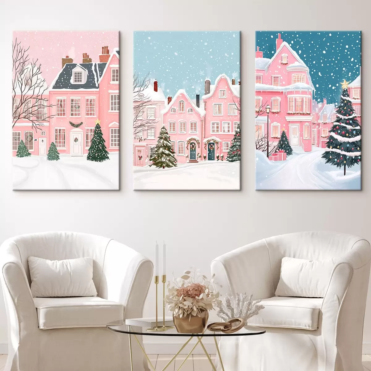  Peintures Belle ville d'hiver avec des maisons roses, des pins et des flocons de neige m00410