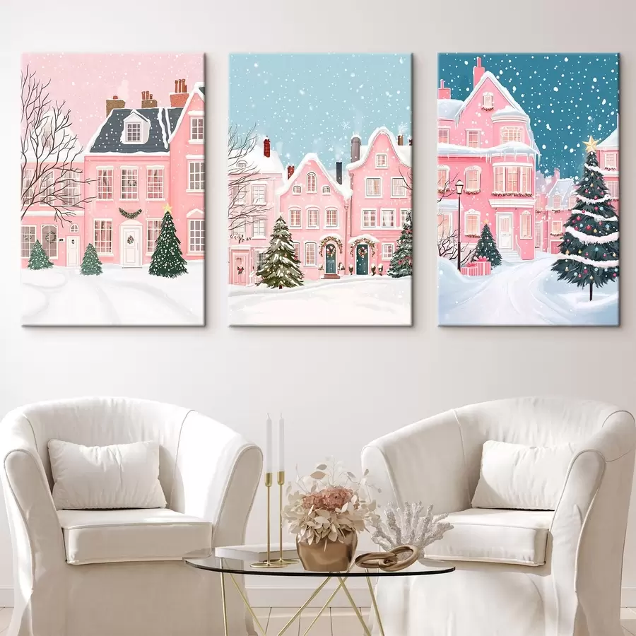  Schilderijen Prachtige winterstad met roze huizen, dennenbomen, sneeuwvlokken m00410