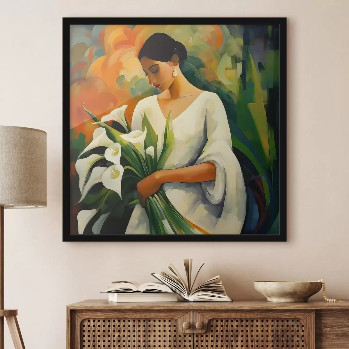 Poster Vrouw met een boeket aronskelken f42818