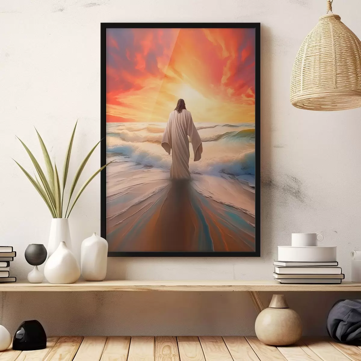 Poster Man bij het water op de achtergrond van zonsondergang f42824