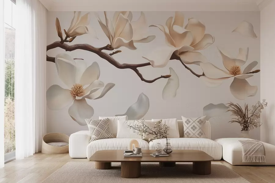 Fotobehang Een boomtak met delicate magnolia bloesems en vallende bloemblaadjes w08706