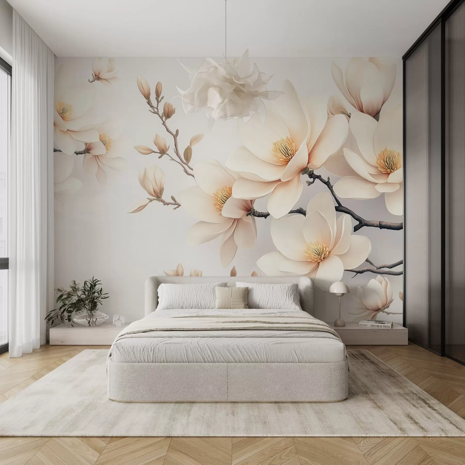 Fotobehang Mooie bloeiende crèmekleurige magnolia bloemen op een witte achtergrond w08721