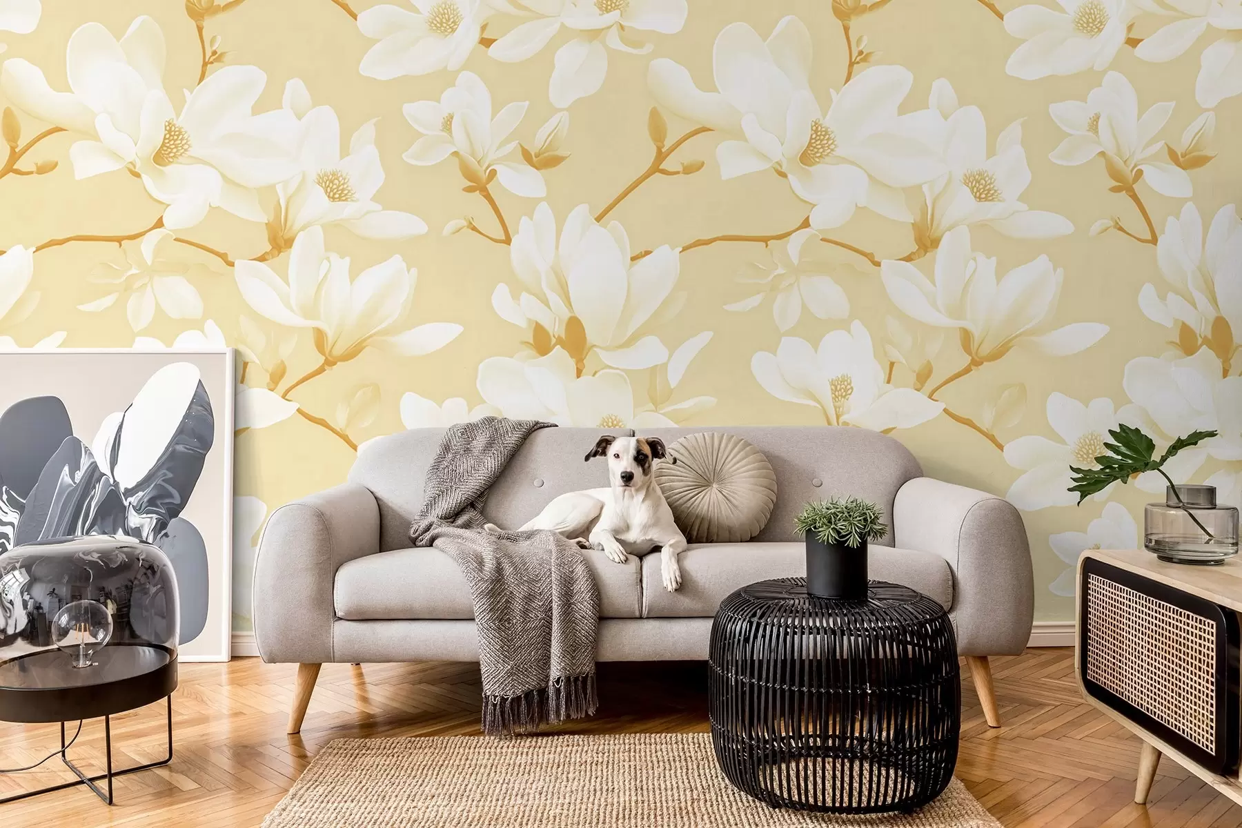 Papier peint photo Motif de fleurs de magnolia blanches, dans les tons jaunes, de feuilles et de branches blanches w08726v3