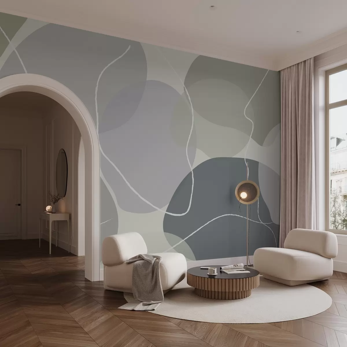 Fotobehang Abstract patroon met zachte organische vormen in grijsgroene en beige tinten, geaccentueerd door fijne witte lijnen w03039