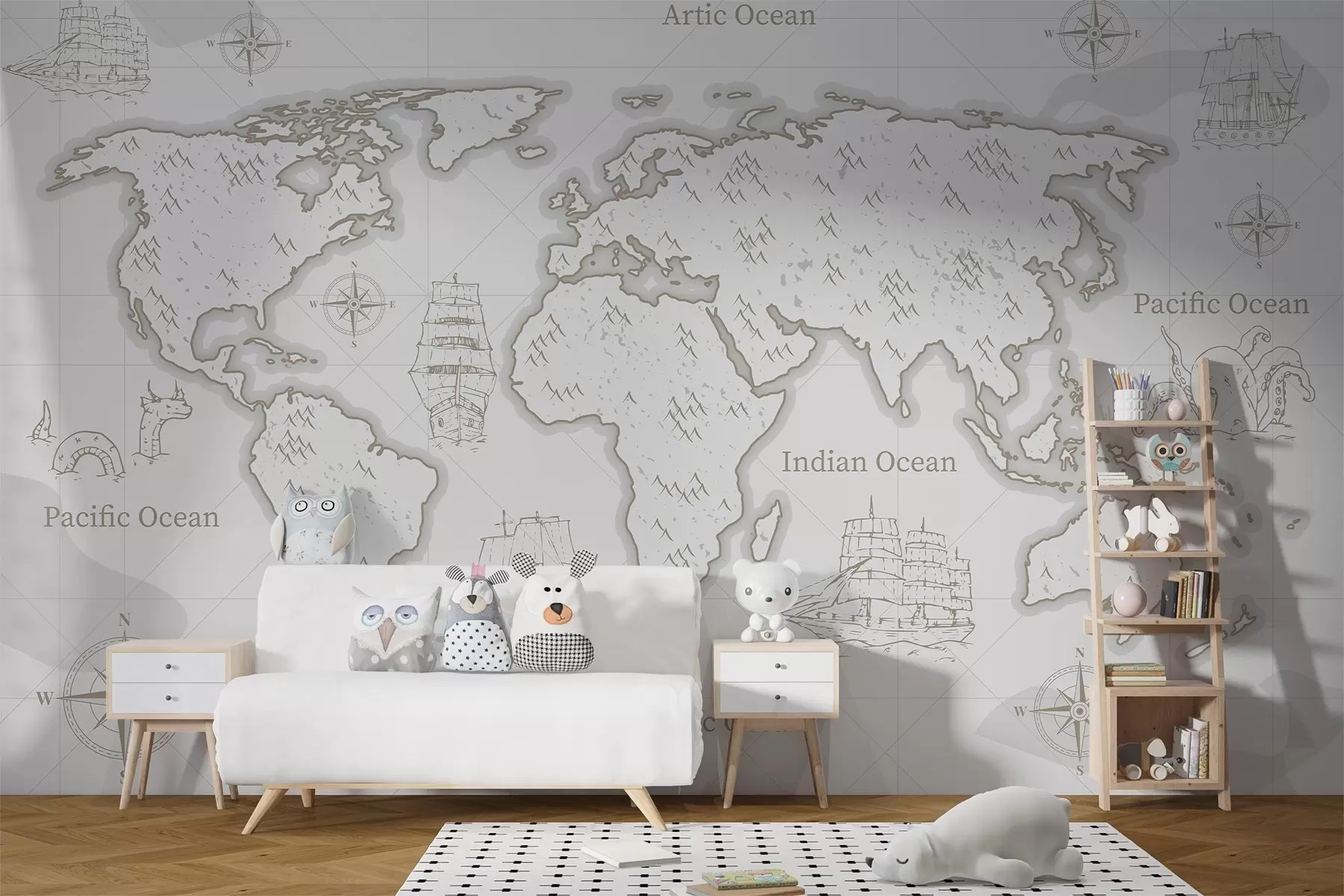 Fotobehang Wereldkaart, schepen, lichtgrijze achtergrond w03044v1
