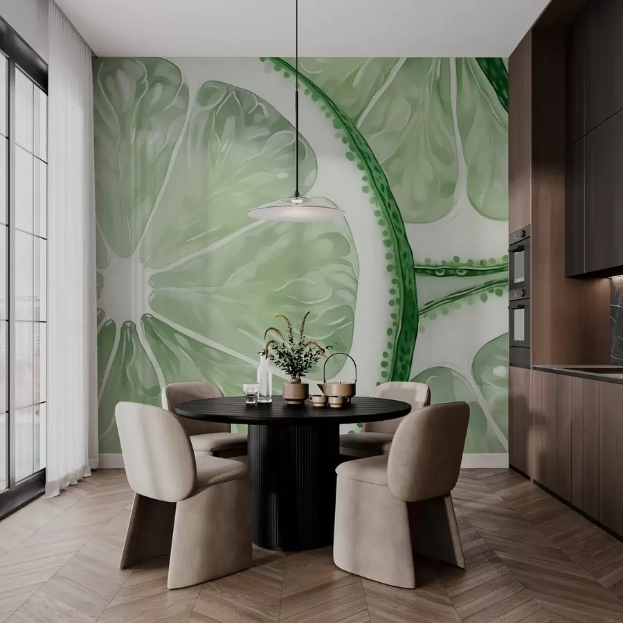 Fotobehang Citruscirkels imitatie aquarelgroene tint w03026