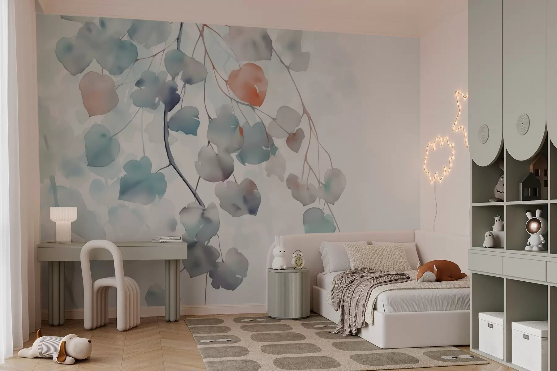 Fotobehang Tak met bladeren imitatie van vage aquarel w03030