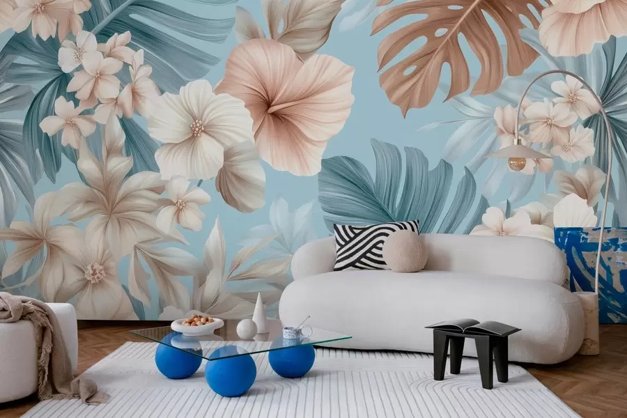 Papier peint photo imprimé tropical avec de grandes feuilles et des fleurs dans des tons bleu pastel et beige w03013
