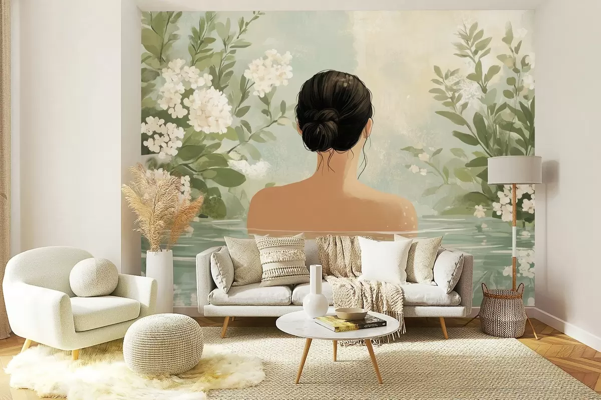 Fotobehang een serene en dromerige botanische illustratie van een vrouw die baadt in een kalm, reflecterend waterlichaam, omringd door weelderig groen en delicate witte bloemen. w03014