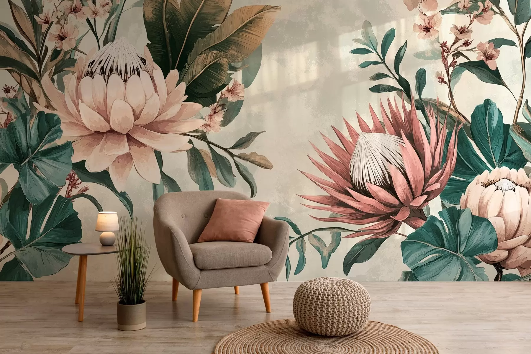 Fotobehang exotische planten, palmbladeren en proteabloemen geïnspireerd op vintage w03015