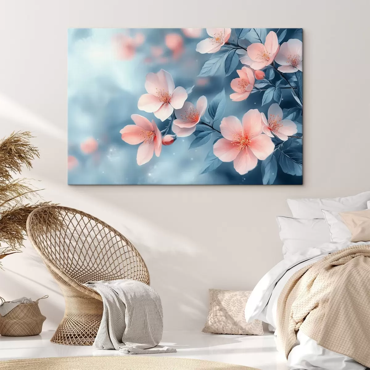  Schilderijen Roze bloemen op een blauwe achtergrond s42846