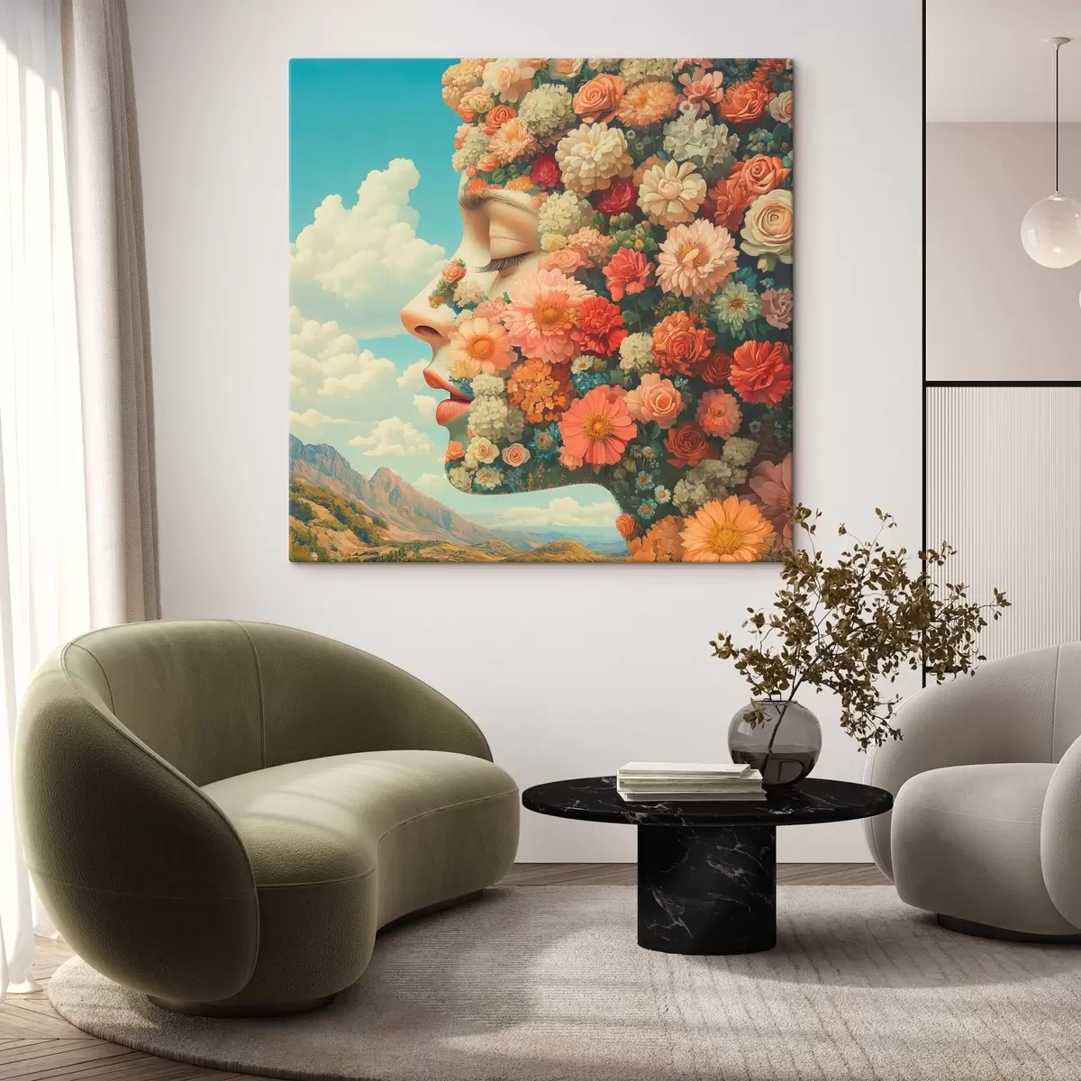  Schilderijen Gezicht in profiel in bloemen s42861